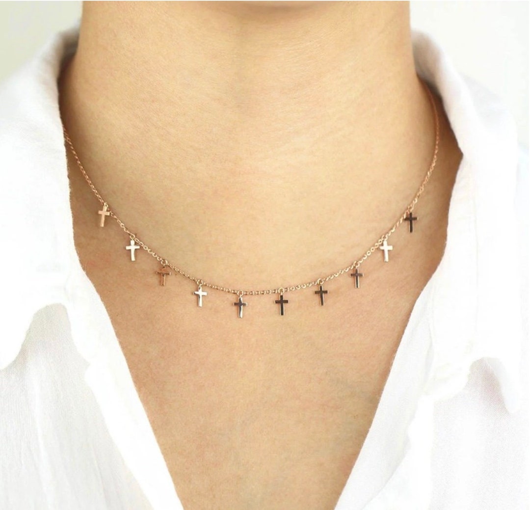 Multi Cross Silver Tiny Cross Necklace and Earrings Cross Chain Small