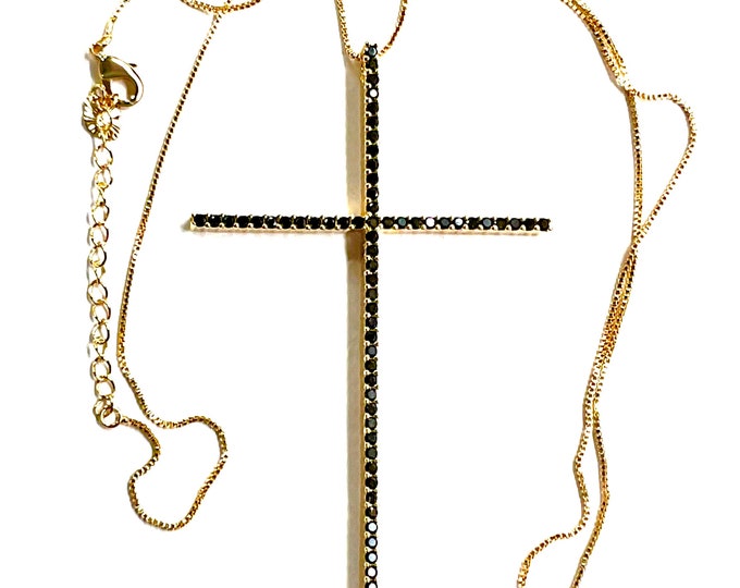 Large Black Bling Crucifix Cross Necklace Gold with Black CZ Thin Design and Super Thin Box Chain Jewelry Jewellery Cross Jesus