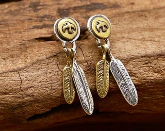 Double Feather Stud Earrings Sterling Silver Gold peace olive branch baptism wedding dove symbol of Sole and Holy Spirit Woman Girls Jewelry