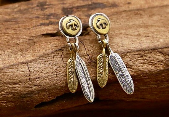 Double Feather Stud Earrings Sterling Silver Gold Peace Olive Branch  Baptism Wedding Dove Sole Holy Spirit Athletic Bar Bell Screw Twist -   Israel