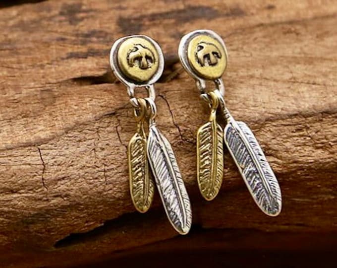 Double Feather Stud Earrings Sterling Silver Gold peace olive branch baptism wedding dove symbol of Sole and Holy Spirit Woman Girls Jewelry