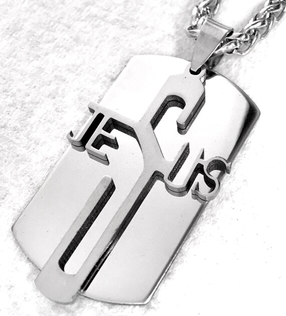 Silver Cross Dog Tag Cut Necklace For Men Long - Mens Stainless Steel Dog Tag With Cross Pendant Silver Cross Dog Tag Cut Necklace For Men Long - Mens Stainless Steel Dog Tag With Cross Pendant