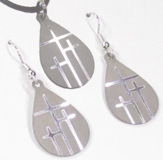 Earrings and Necklace Silver 3 Crosses of Calvary Tiny Teardrop 3 Cross Set Cross of Christ jewelry jewellery