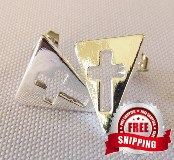 Tiny Silver or Gold Cross Earrings Cast Stud Triangle Modern Design Womans Girls Christian Jewelry - Saint Michaels Jewelry