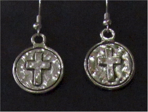 Stunning Silver Cast Round Ancient World Prayer Cross Earrings Necklace Pendant Set Womans Girls Wedding Christian Jewelry