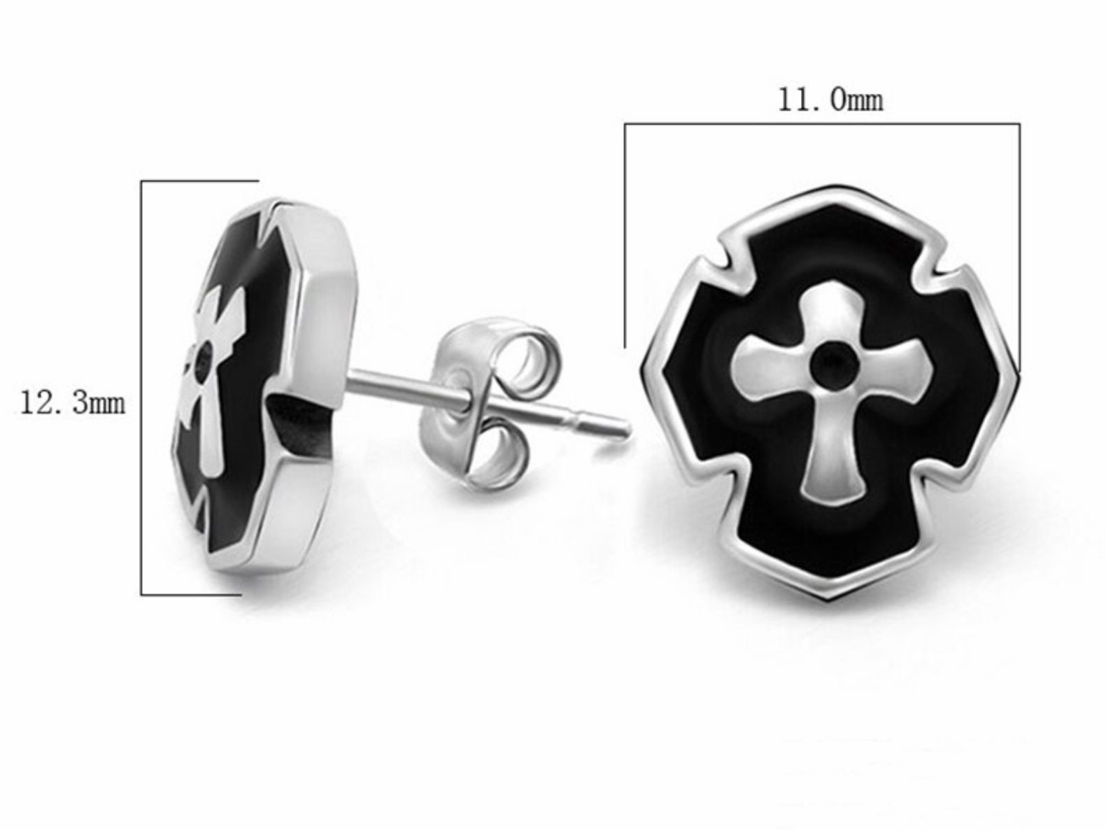 Mens Cross Earrings Studs Silver Black Hypoallergenic Waterproof