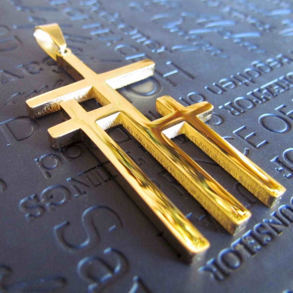 Large Gold Calvary 3 Three Triple Cross Necklace Pendant Stainless Steel Chain Mens Boys Christian Jewelry Three Crosses on Calvary