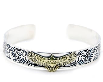 Silver Eagle Biker Bracelet with Gold Trim Western Spirit Light Weight Raised American Eagle Bird for Men Bangle Cuff Heavy Jewelry