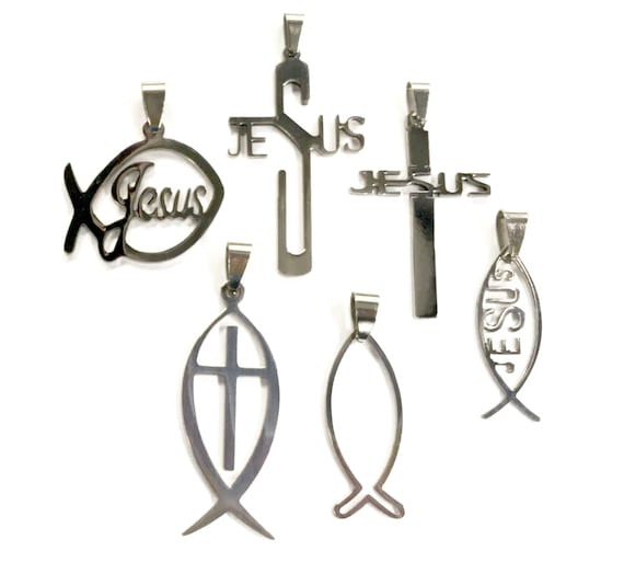 Cut Jesus Cross Necklace for Men Silver Fish Boys High Gloss Polished Pendant Ichthus Ichthys Greek Fish Outline Jesus Jewelry Jewellery