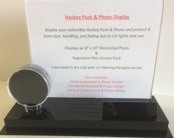 Acrylic Single Hockey Puck Display Case With Horizontal 8" x 10" Photograph Holder