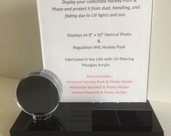 Acrylic Single Hockey Puck Display Case With Vertical 8" x 10" Photograph Holder
