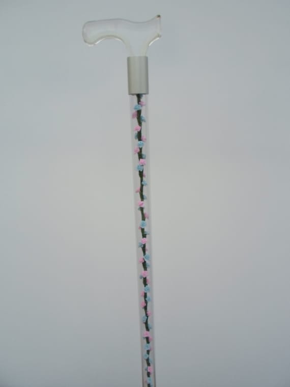 Elegant designer walking cane with pink & blue silk roses. Sturdy rigid hollow shaft allows you to replace roses with any item of your own