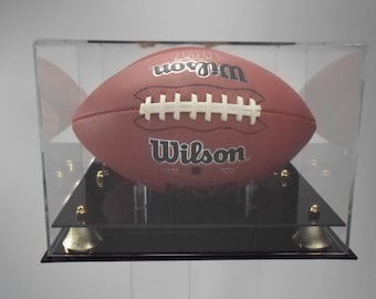 Football display case full size 85% UV filtering acrylic memorabilia collectible showcase two tier black acrylic base NCAA NFL