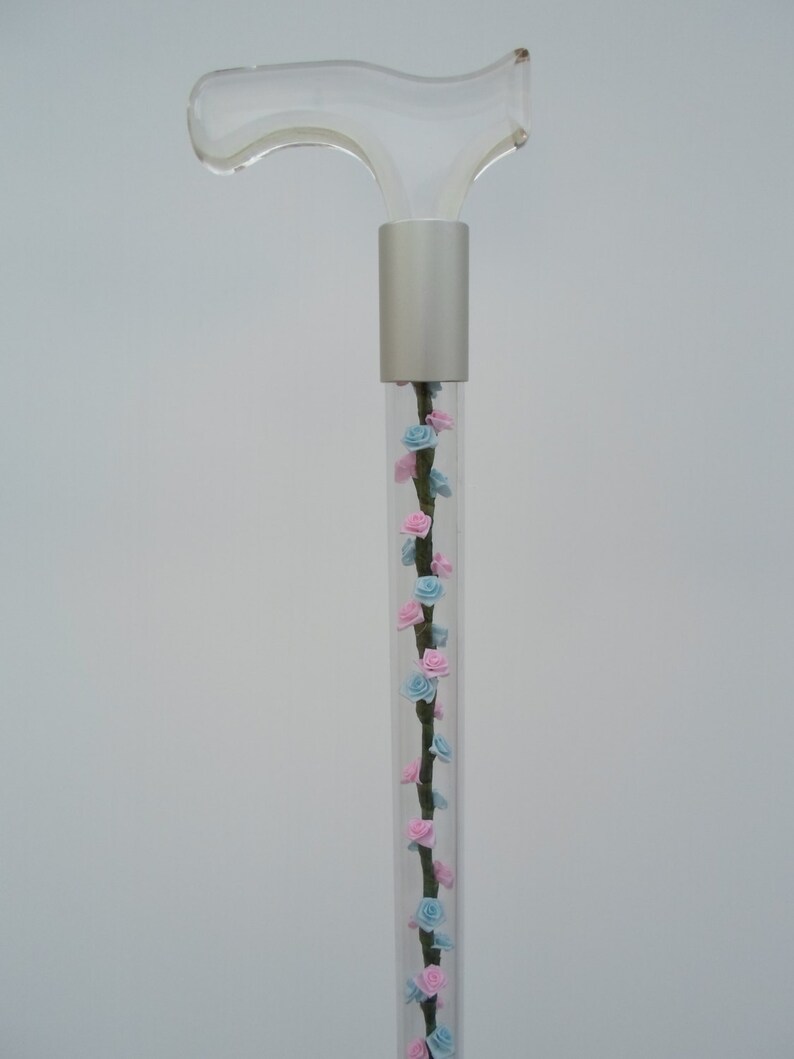 Elegant designer walking cane with pink & blue silk roses. Sturdy rigid hollow shaft allows you to replace roses with any item of your own image 2