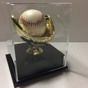 Single Baseball display case with gold glove and black base