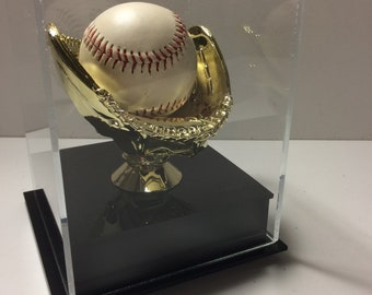 Single Baseball display case with gold glove and black base