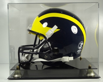 Football Helmet Display Case with two tier gold riser base NFL NCAA 85% UV filtering