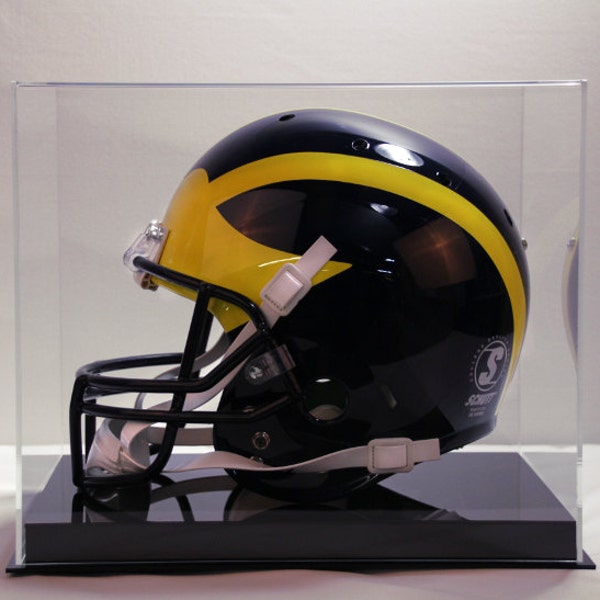 Football helmet display case full size memorabilia 85% UV filtering acrylic with solid 1" high black acrylic base NCAA NFL made in America