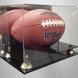 Football display case  mirror back full size 85% UV filtering acrylic memorabilia collectible showcase two tier black acrylic base NCAA NFL