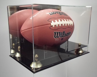 Football display case  mirror back full size 85% UV filtering acrylic memorabilia collectible showcase two tier black acrylic base NCAA NFL
