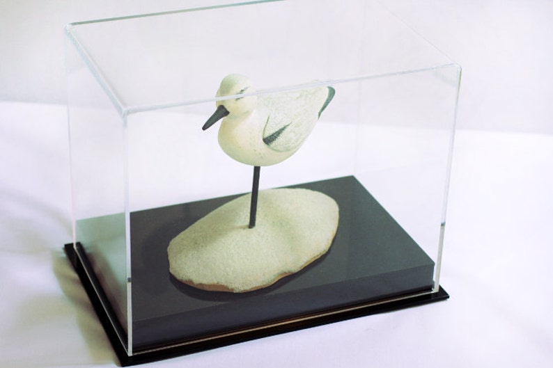 K&ouml;nnte beinhalten: Eine wei&szlig;e Keramik-Vogelskulptur mit schwarzen Akzenten, die auf einer kleinen, wei&szlig;en, ovalen Basis sitzt. Die Skulptur wird in einer durchsichtigen Acryl-Vitrine mit schwarzem Sockel ausgestellt.
