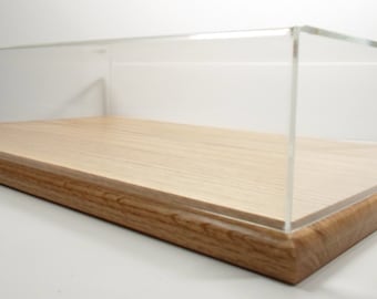 Custom display case solid hardwood oak base collectible figurine plexiglass acrylic UV filtering plastic showcase. This is only an example.