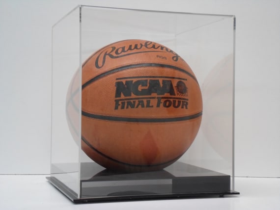 Basketball display case full size 85% UV filtering acrylic memorabilia collectible showcase solid black base cutout securely holds ball NCAA