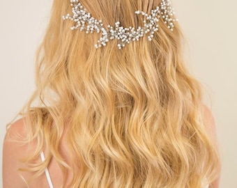 Bridal hair vine, pearl hair accessories. Wedding head piece made of white & ivory pearls, baby's breath flowers inspired. Boho hair pieces