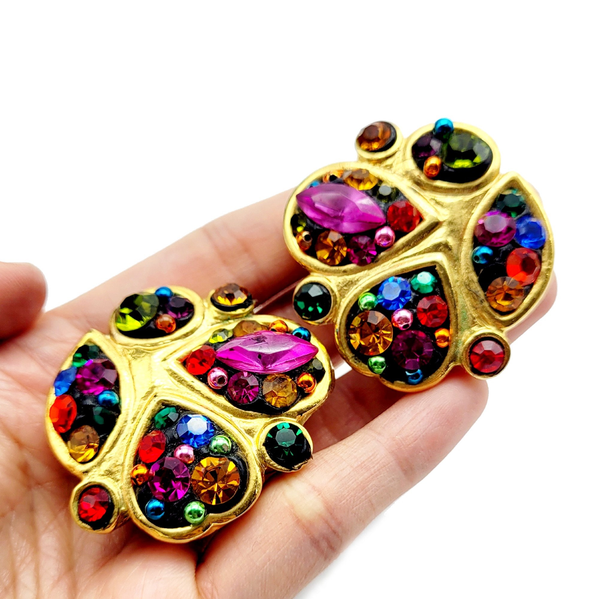 Boucles D'oreilles Vintage JACKY DE G - Strass Bleus Sur Monture Dorée Plaqué Or 24 Carats - Occasion En Très Bon état
