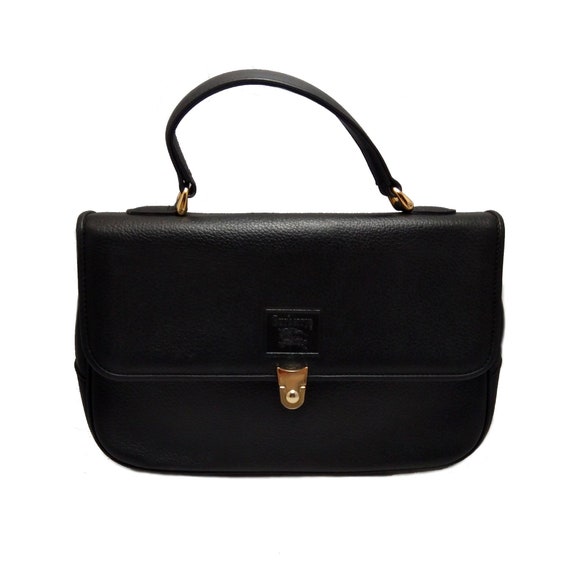 Vintage BURBERRYS black leather handbag, Gift for… - image 1