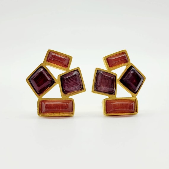 Boucles D'oreilles Vintage Couture En Verre Et Résine - Cuivre Doré Or Fin 24k - Occasion Très Bon état