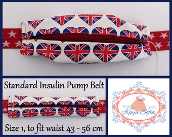 UK hearts insulin pump belt with red and white stars elastic. Size 1 (age 2 - approximately age 9).