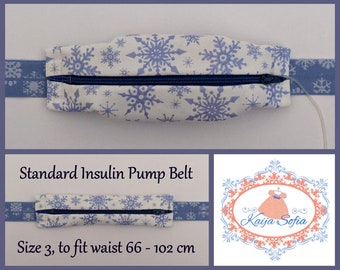 Blue snowflakes on white insulin pump belt with blue and white snowflake elastic.  Size 3.