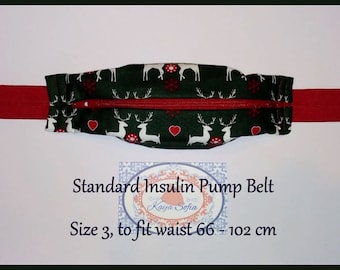 Reindeer and hearts on dark green insulin pump belt with red elastic.  Size 3.