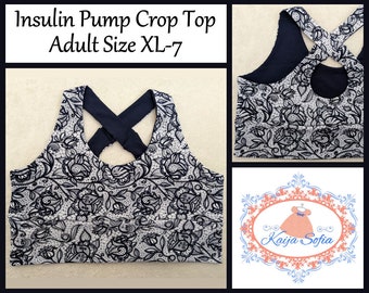 Insulin pump crop top. Adult.  Size XL-7 (please measure!) Navy lace pattern on white jersey fabric.