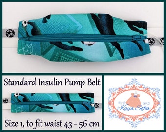 Green footballers insulin pump belt with football elastic. Size 1 (age 2 - approximately age 9).