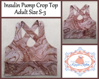 Insulin pump crop top. Adult.  Size S-3 (please measure!) Pink marbled fabric.