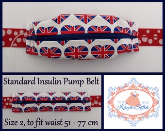 UK flag hearts insulin pump belt with red and white spotty elastic.  Size 2.