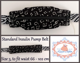 Black and white music fabric insulin pump belt with zebra print elastic.  Size 3.