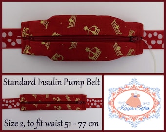 Red and gold coronation crown print insulin pump belt with red and white spotty elastic.  Size 2.