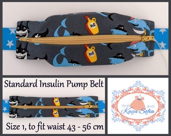 Pirate sharks on grey insulin pump belt with blue and white stars elastic. Size 1 (age 2 - approximately age 9).