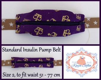 Purple and gold coronation crown print insulin pump belt with beige and white starry elastic.  Size 2.