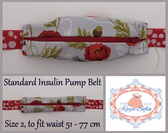 Poppies and bees on grey insulin pump belt with red and white spots elastic.  Size 2.