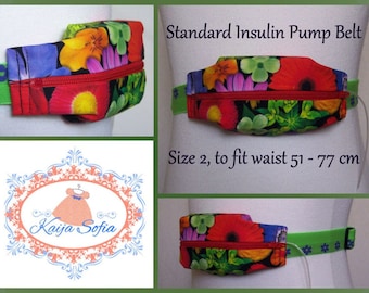 Bright flowery insulin pump belt with green flower elastic.  Size 2.