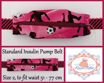 Pink footballers insulin pump belt with pink and black striped elastic.  Size 2.