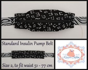 Music notes on black insulin pump belt with zebra patterned elastic.  Size 2.