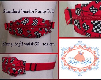 Insulin pump belt in red race flag fabric with red elastic.  Size 3.