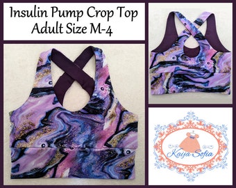 Insulin pump crop top. Adult.  Size M-4 (please measure!) Purple marbled fabric.