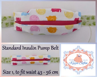 Elephants on white insulin pump belt with green aliens elastic. Size 1 (age 2 - approximately age 9).