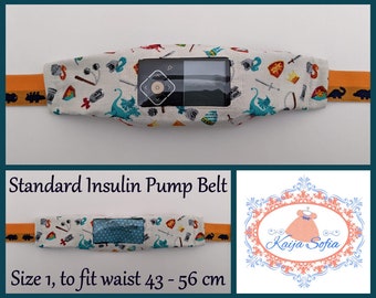 Knights on white insulin pump belt with window and orange dinosaur elastic. Size 1 (age 2 - approximately age 9).